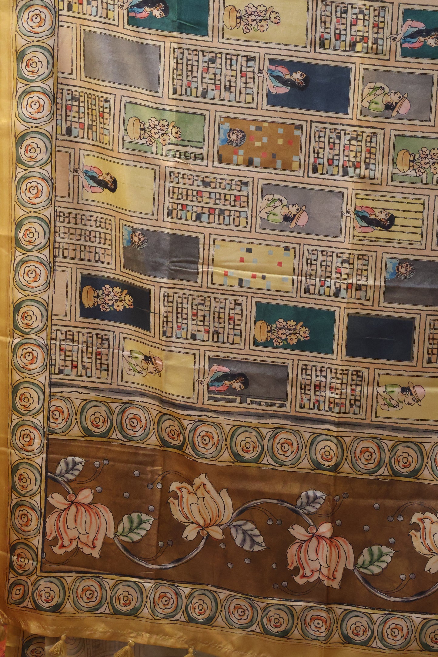 Paper Silk Saree-Mustard Flower Round Design