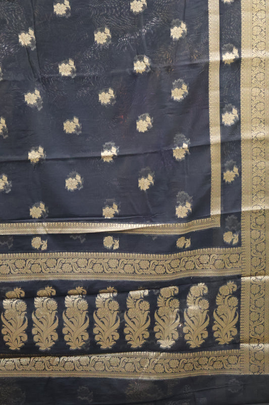 Banarasi Chanderi Saree-Black Double Flower Border