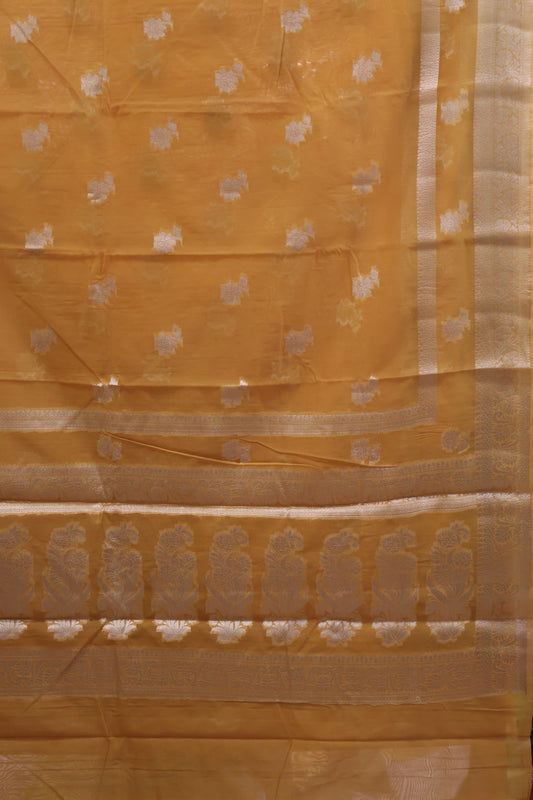 Banarasi Chanderi Saree-Mustard Double Flower Border
