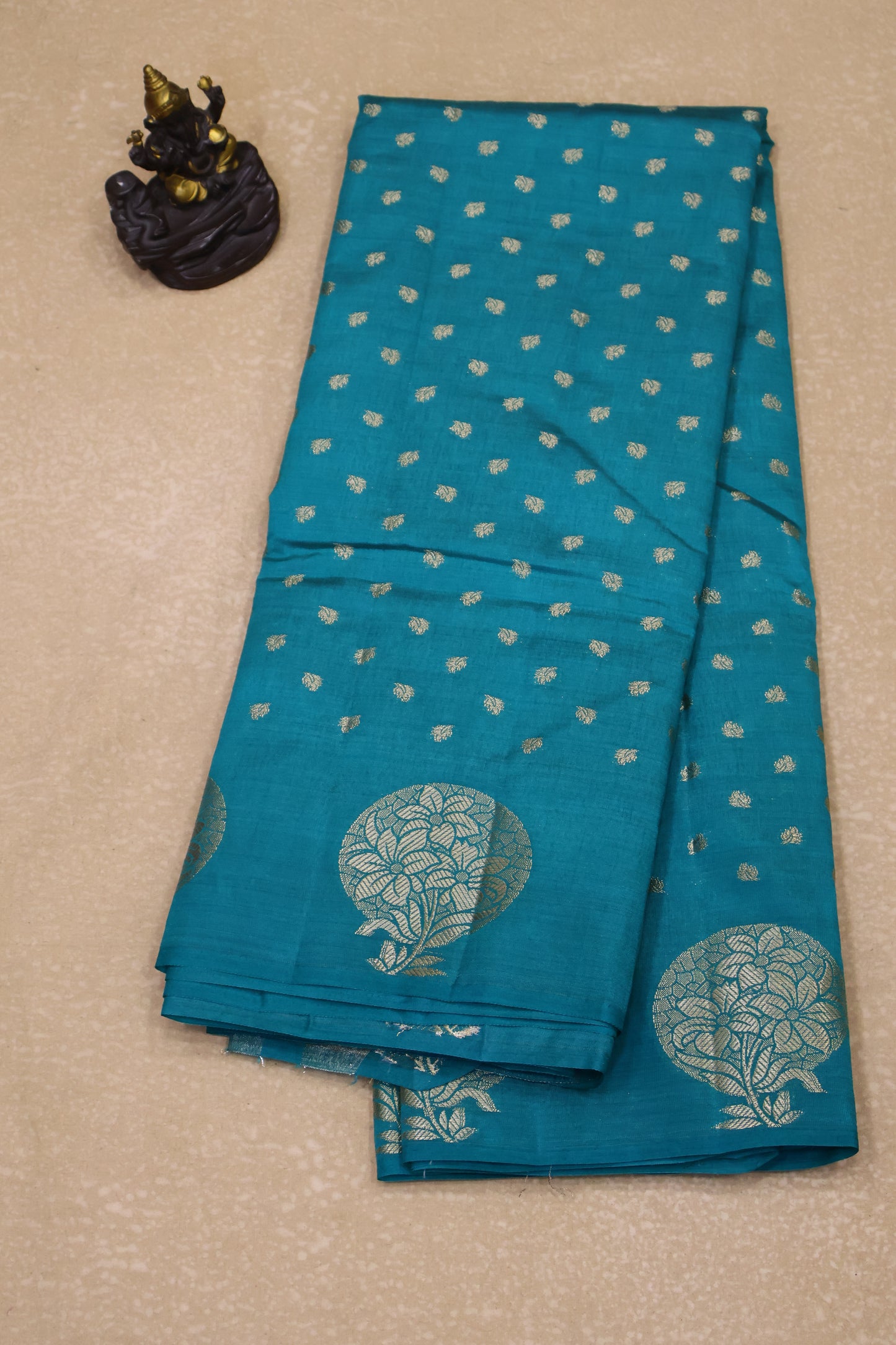 Semi Tussar Saree -Peacock Green Round Flower Design