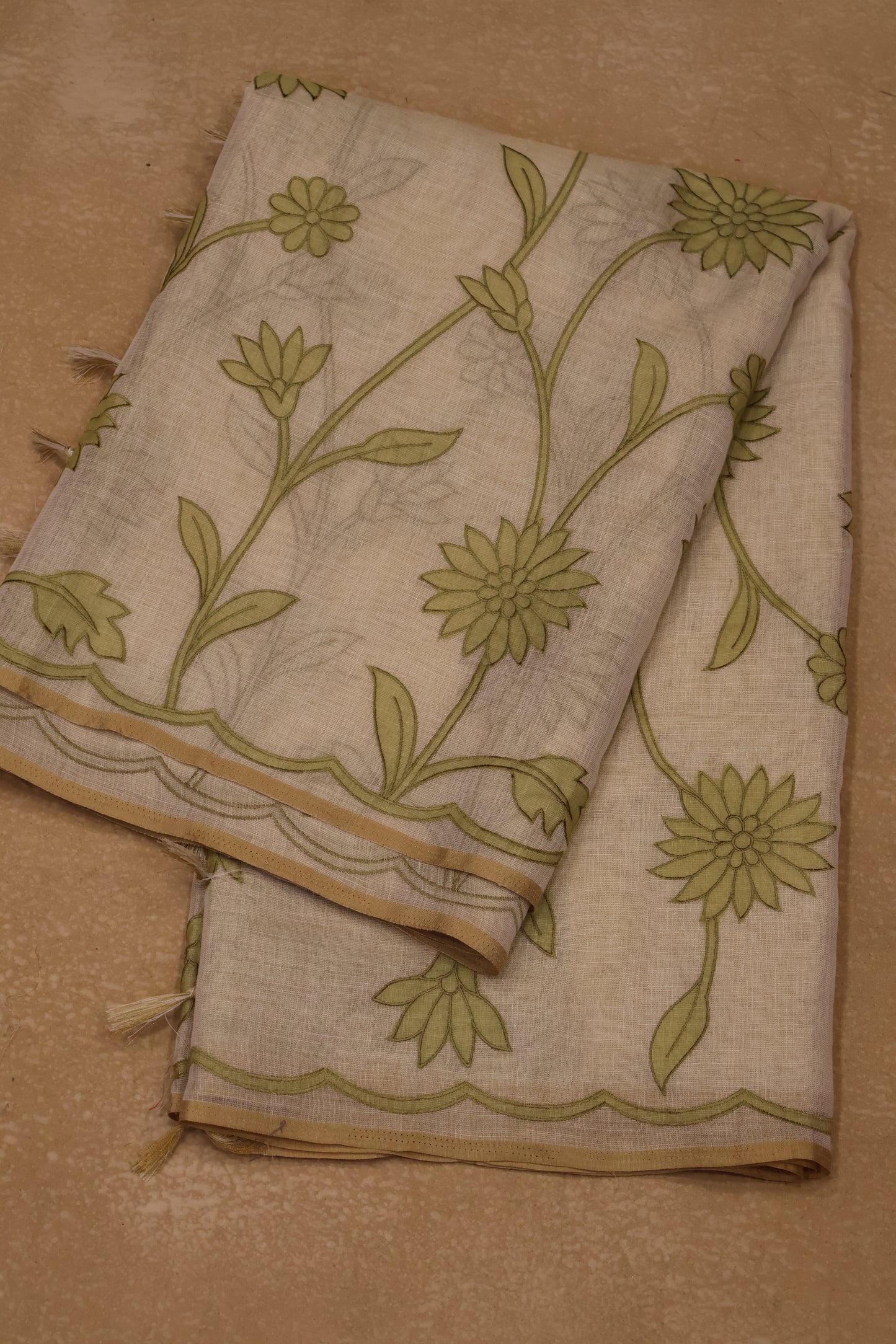 Tissue Linen Saree- Sandal-Green Sunflower