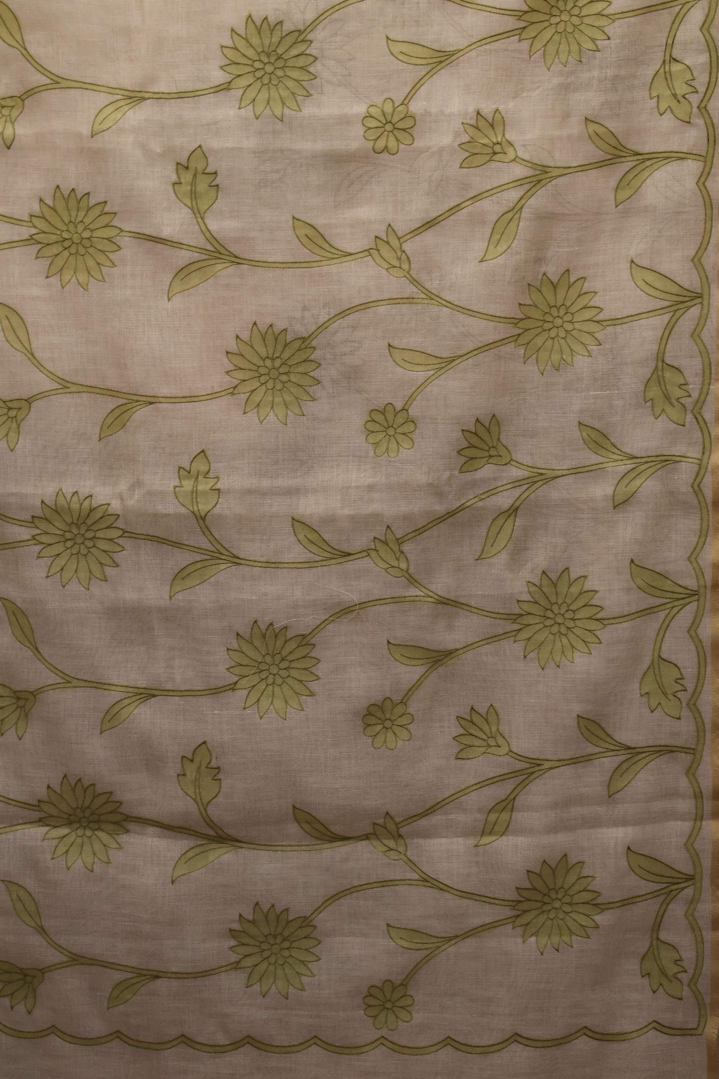Tissue Linen Saree- Sandal-Green Sunflower