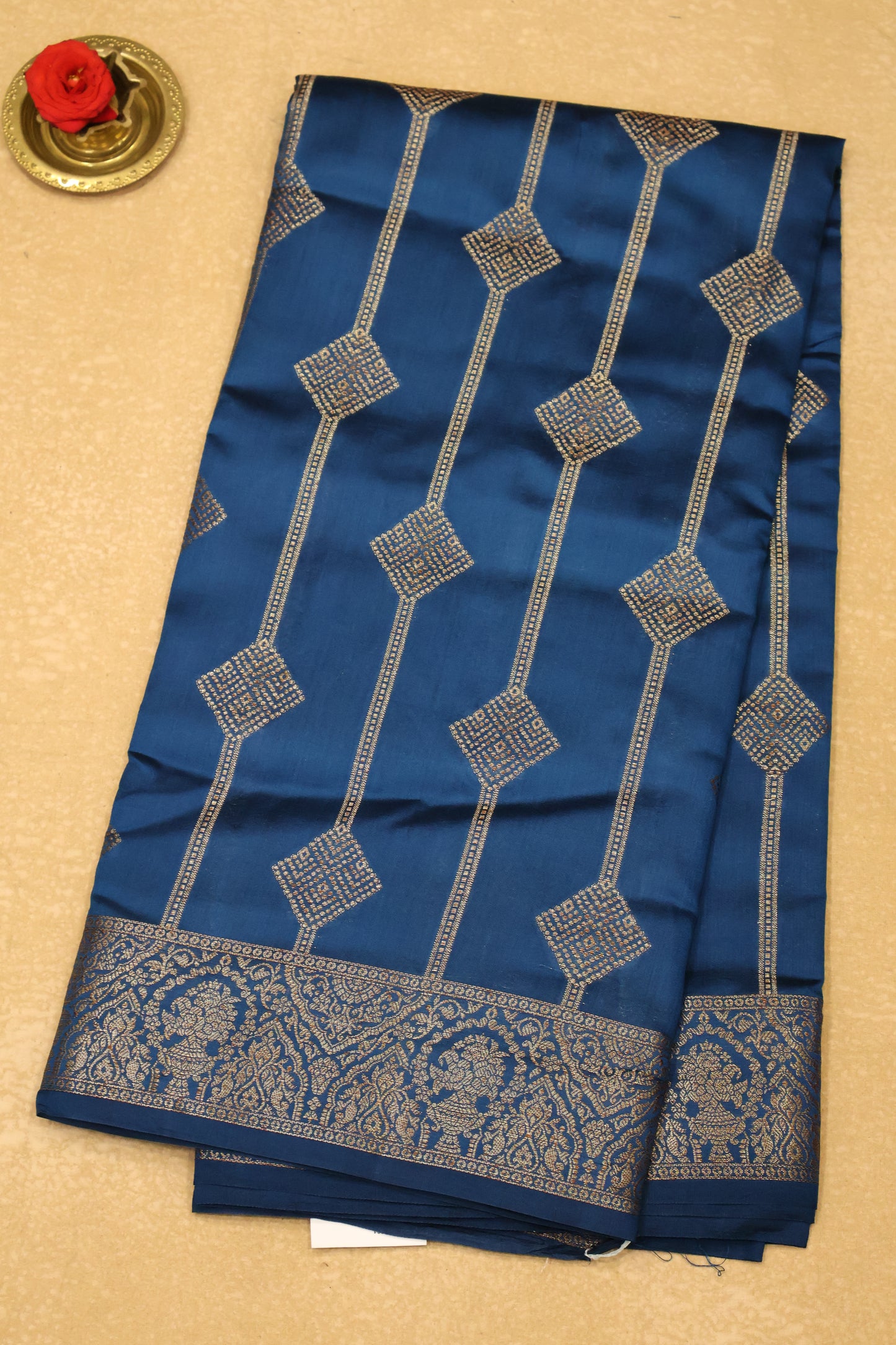 Pure Banarasi Saree Chiniya Silk - Peacock Blue Diamond Motif