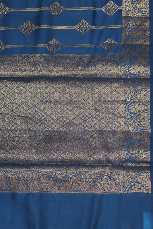 Pure Banarasi Saree Chiniya Silk - Peacock Blue Diamond Motif