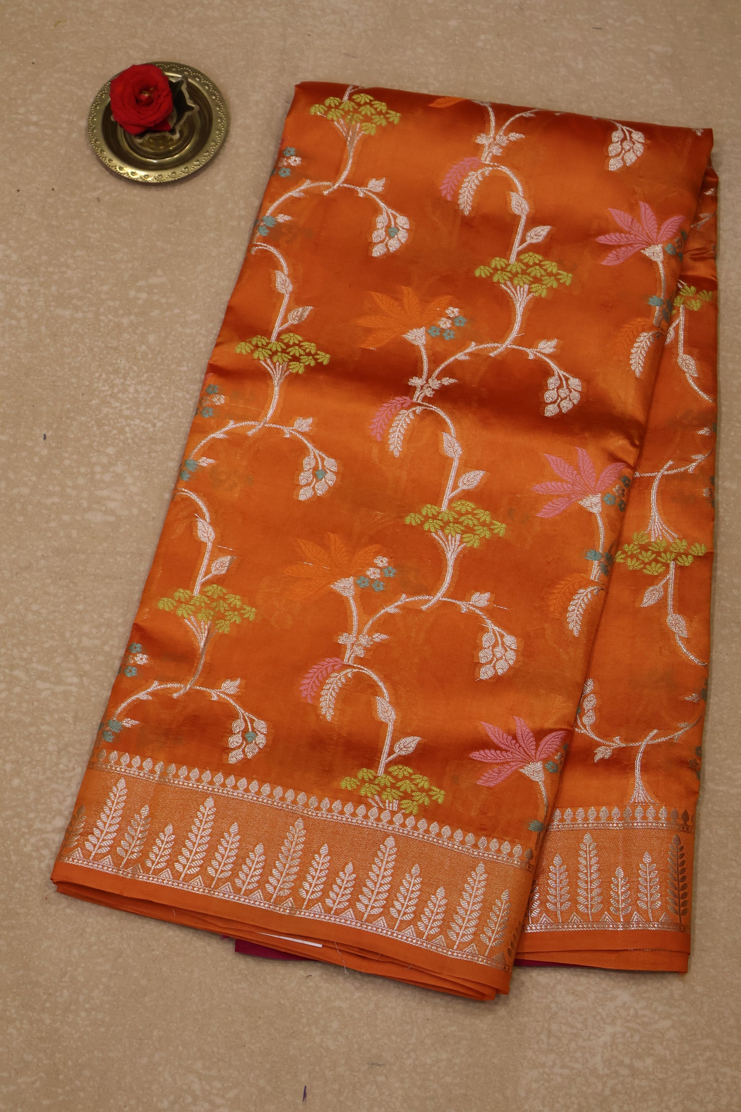 Banarasi Tussar - Orange Vineyard Pattern