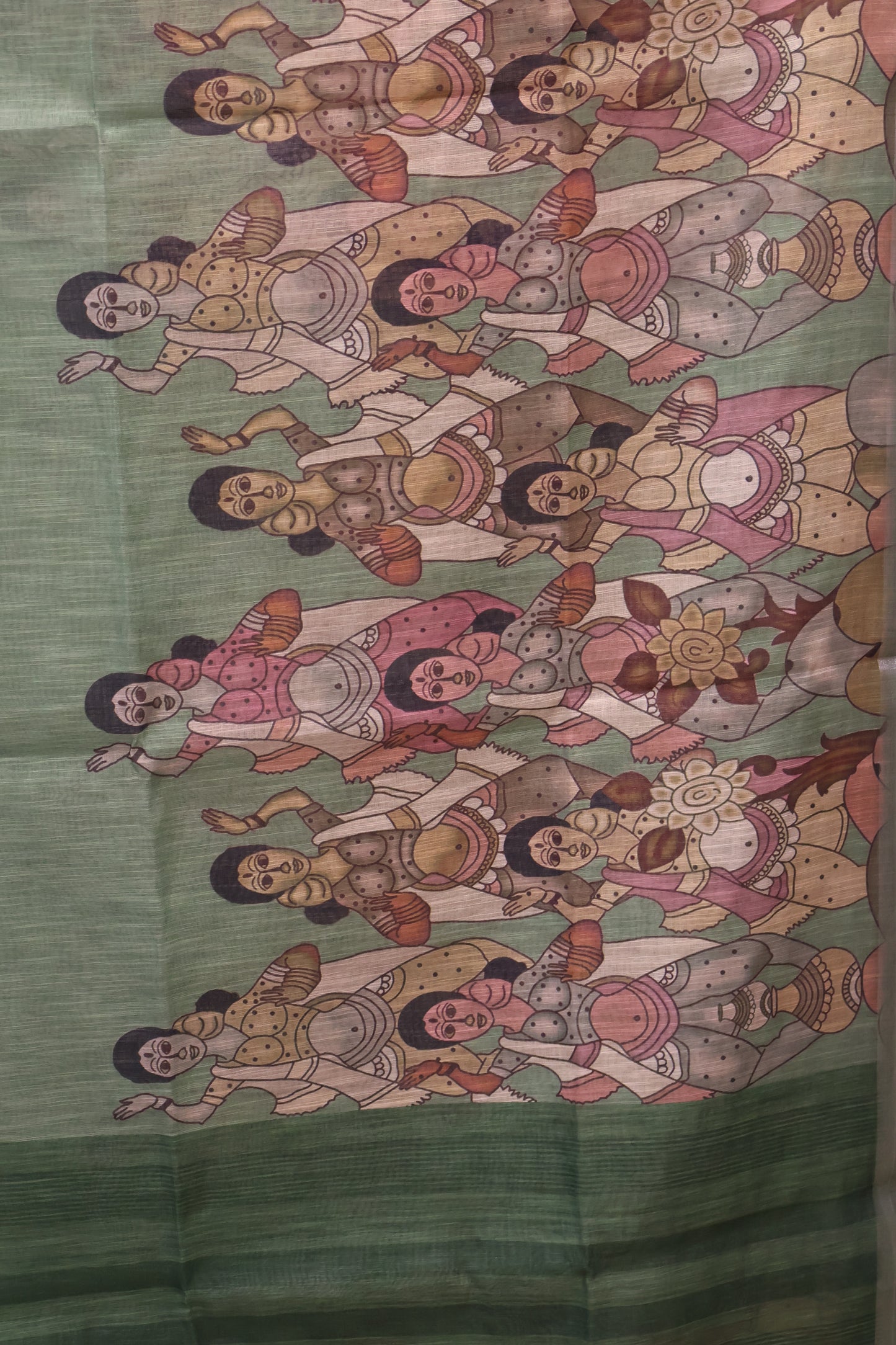 Semi Linen Saree - Penn kalamkari Pattern-Green