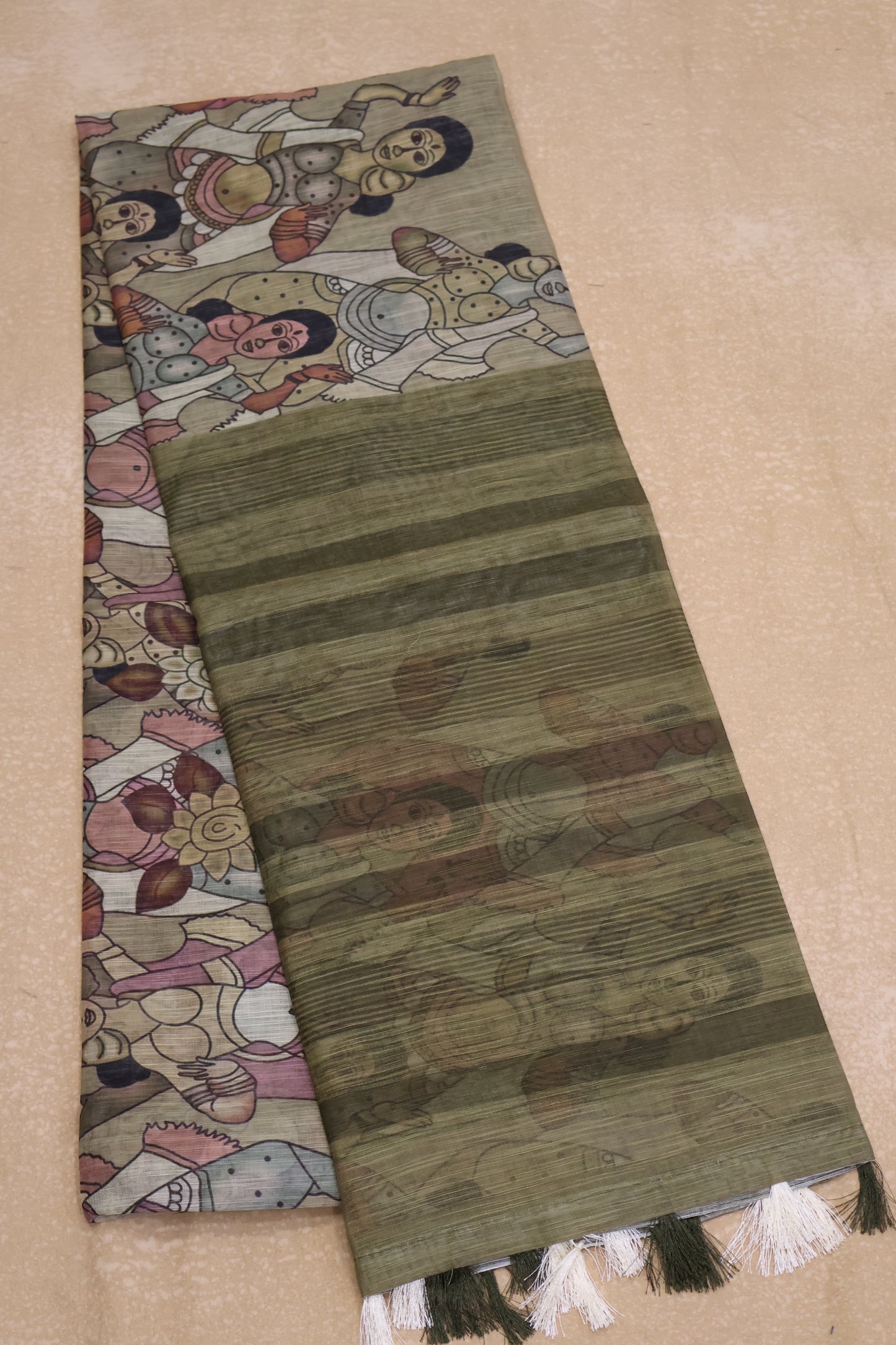 Semi Linen Saree - Penn kalamkari Pattern- Mehandi Green