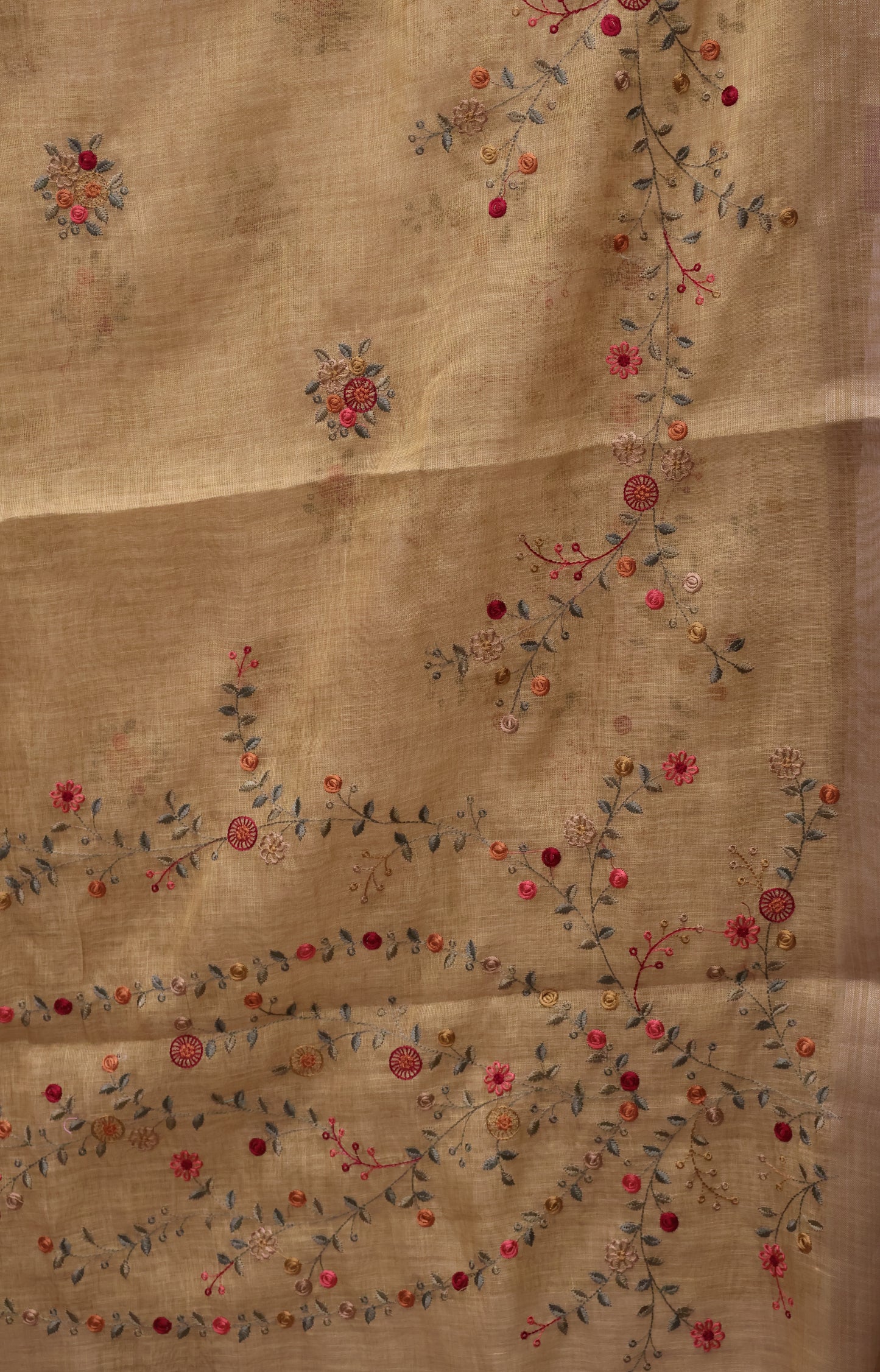Tissue Linen Saree Floral - Light Khaki