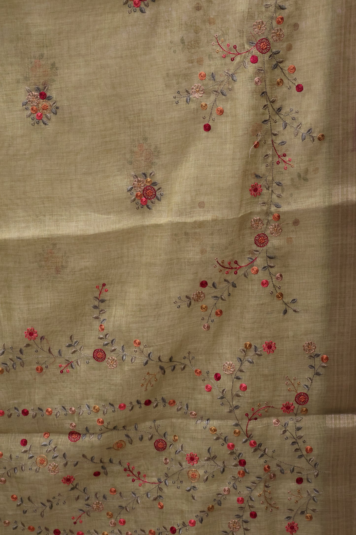 Tissue Linen Saree Floral - Light Green