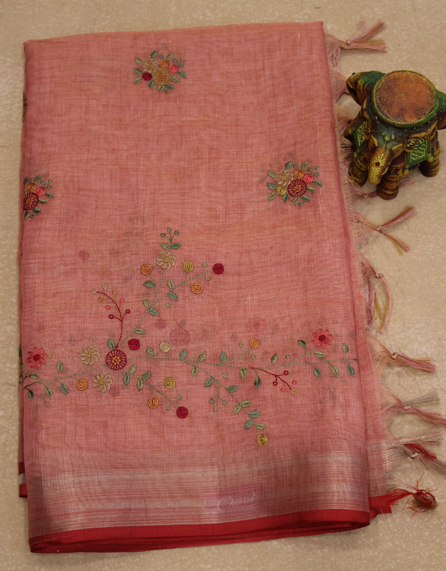 Tissue Linen Saree Floral - Red