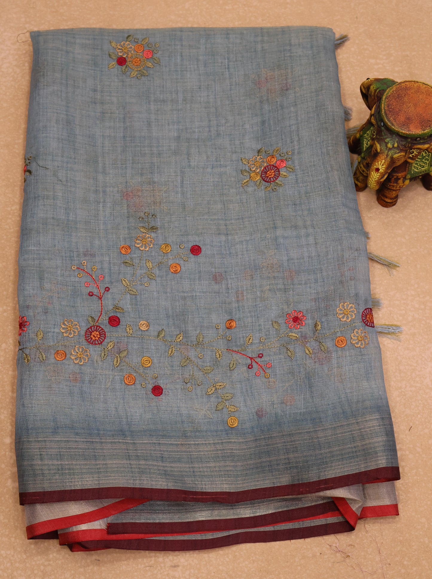 Tissue Linen Saree Floral - Sea Blue
