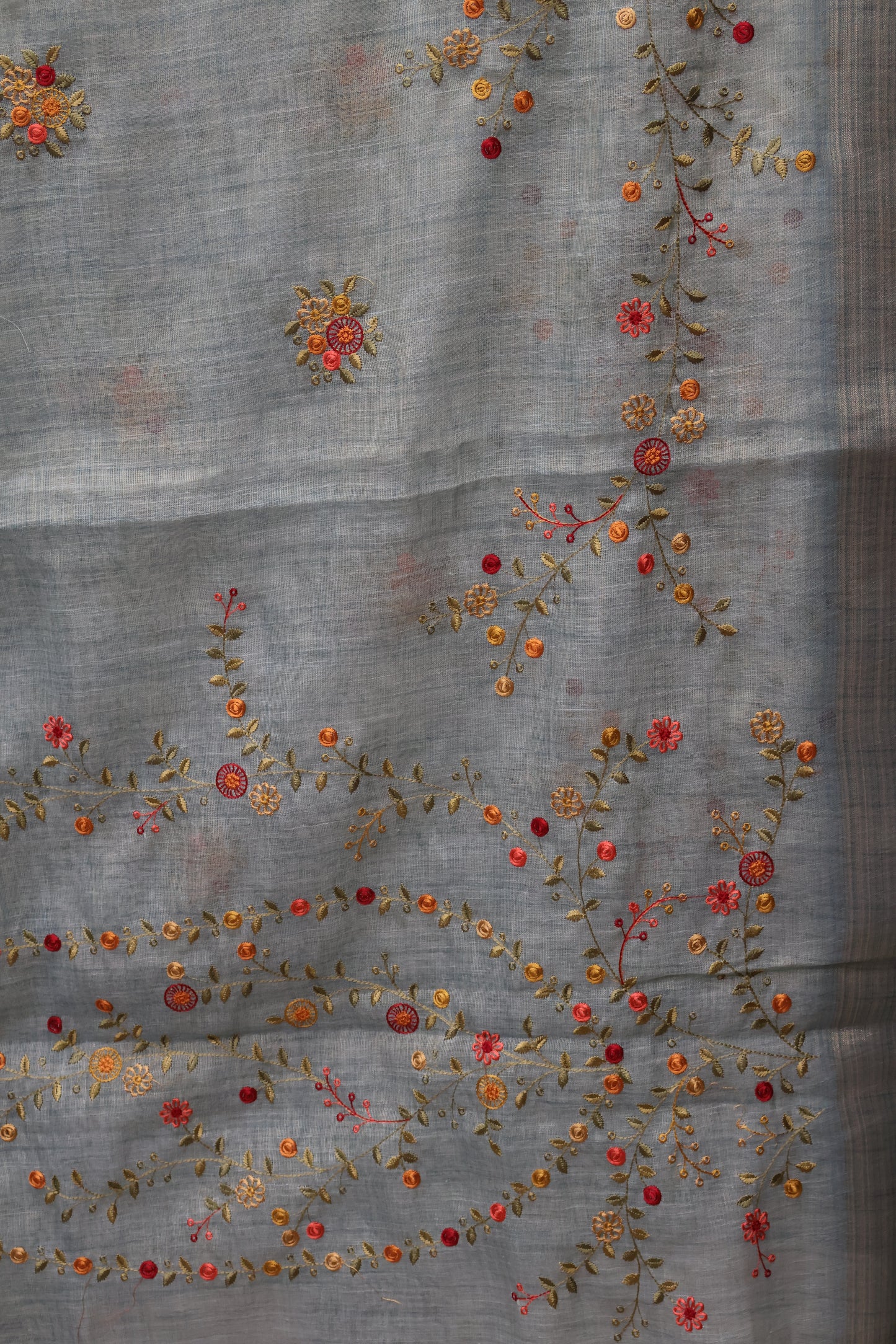 Tissue Linen Saree Floral - Sea Blue