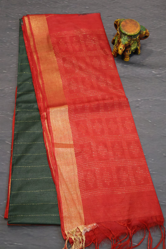 Semi Bhagalpur Tussar Saree-Green-Red