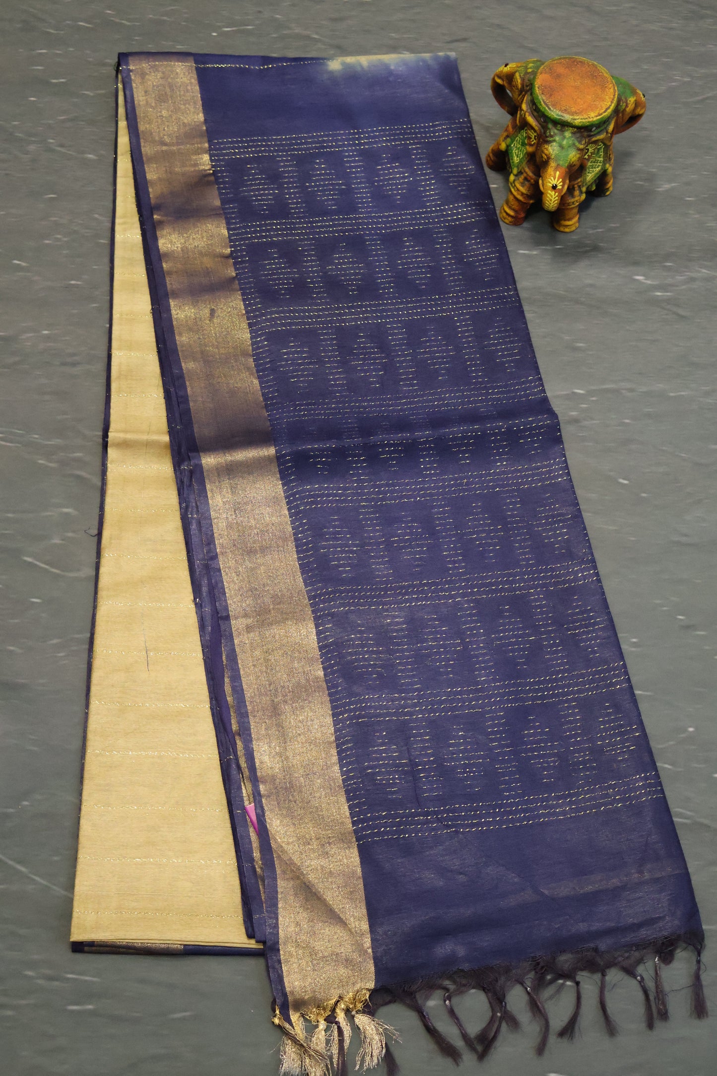 Semi Bhagalpur Tussar Saree-Sandal-Blue