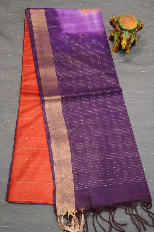 Semi Bhagalpur Tussar Saree-Brick Red-Voilet