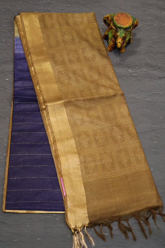 Semi Bhagalpur Tussar Saree-Dark Blue-Gold