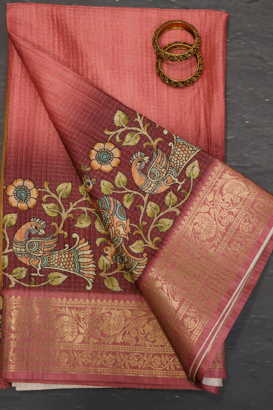 Semi Dola Silk Saree-Peach Kalamkari Zari