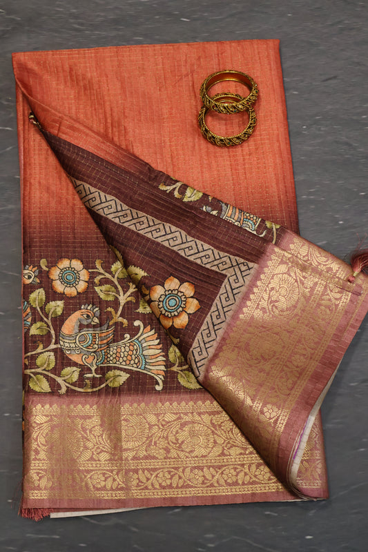 Semi Dola Silk Saree-Brick Red Kalamkari Zari