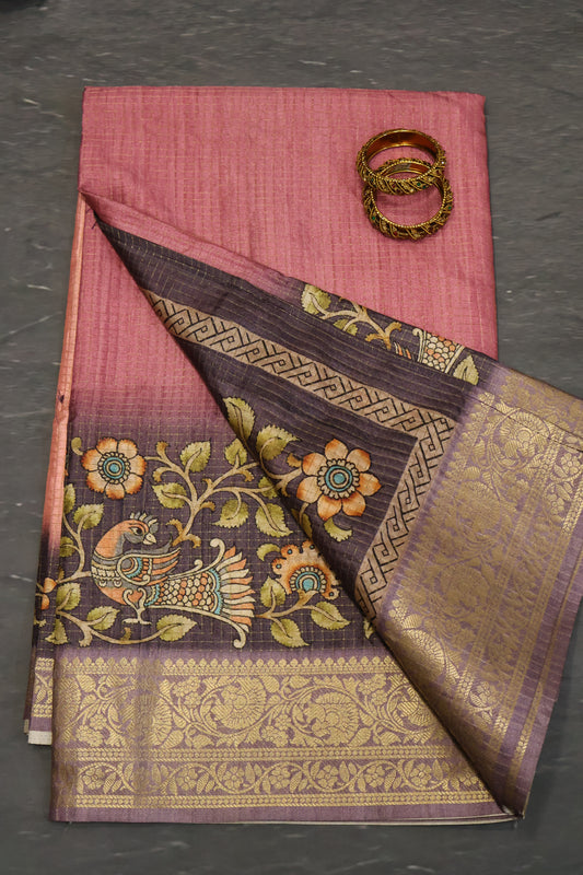 Semi Dola Silk Saree-Pink Kalamkari Zari