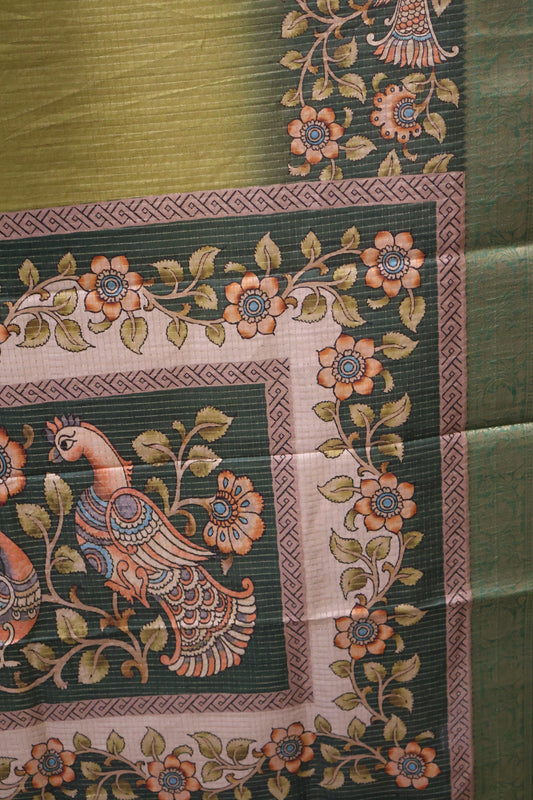 Semi Dola Silk Saree-Mehandi Green Kalamkari Zari
