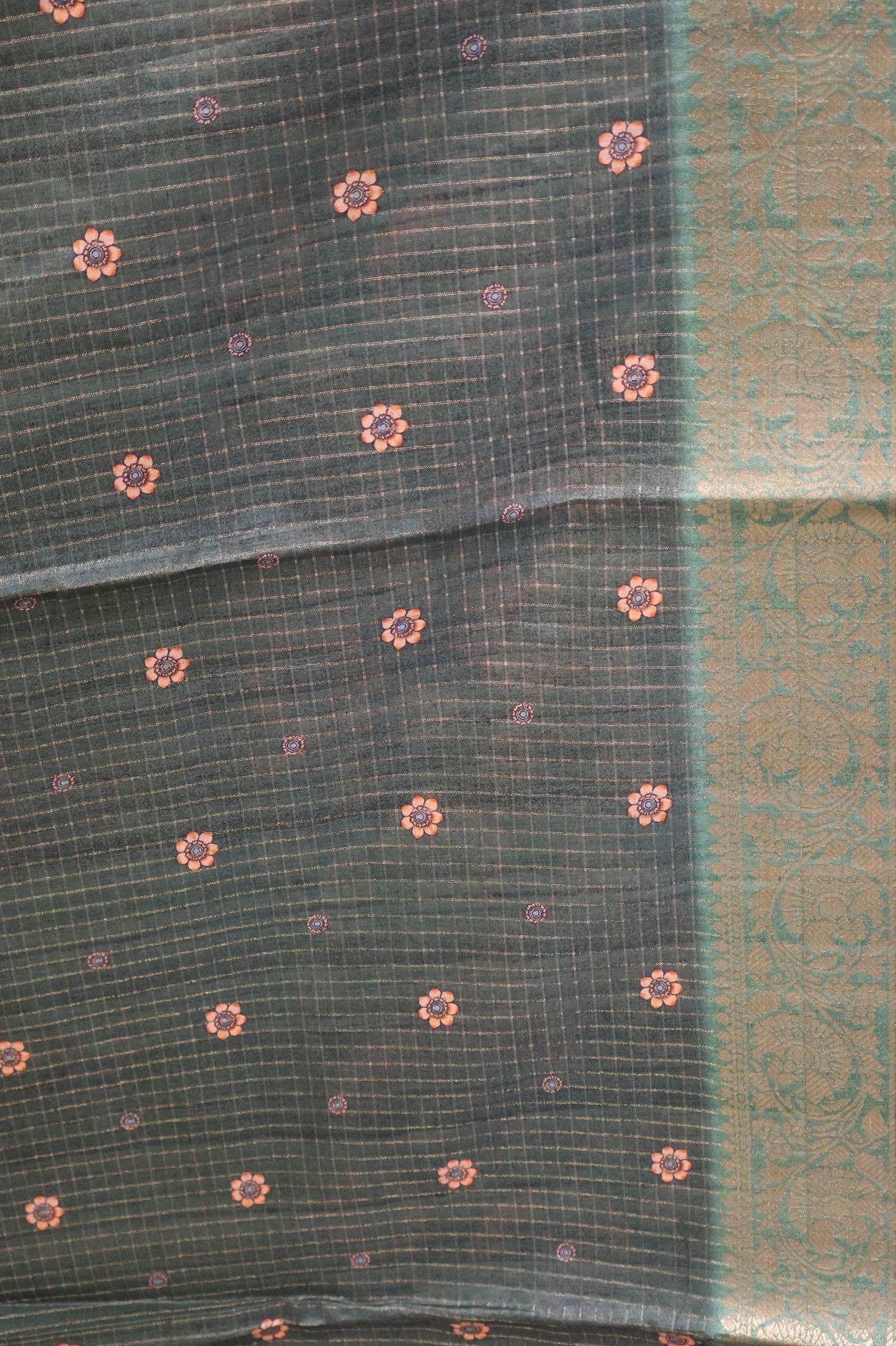 Semi Dola Silk Saree-Mehandi Green Kalamkari Zari