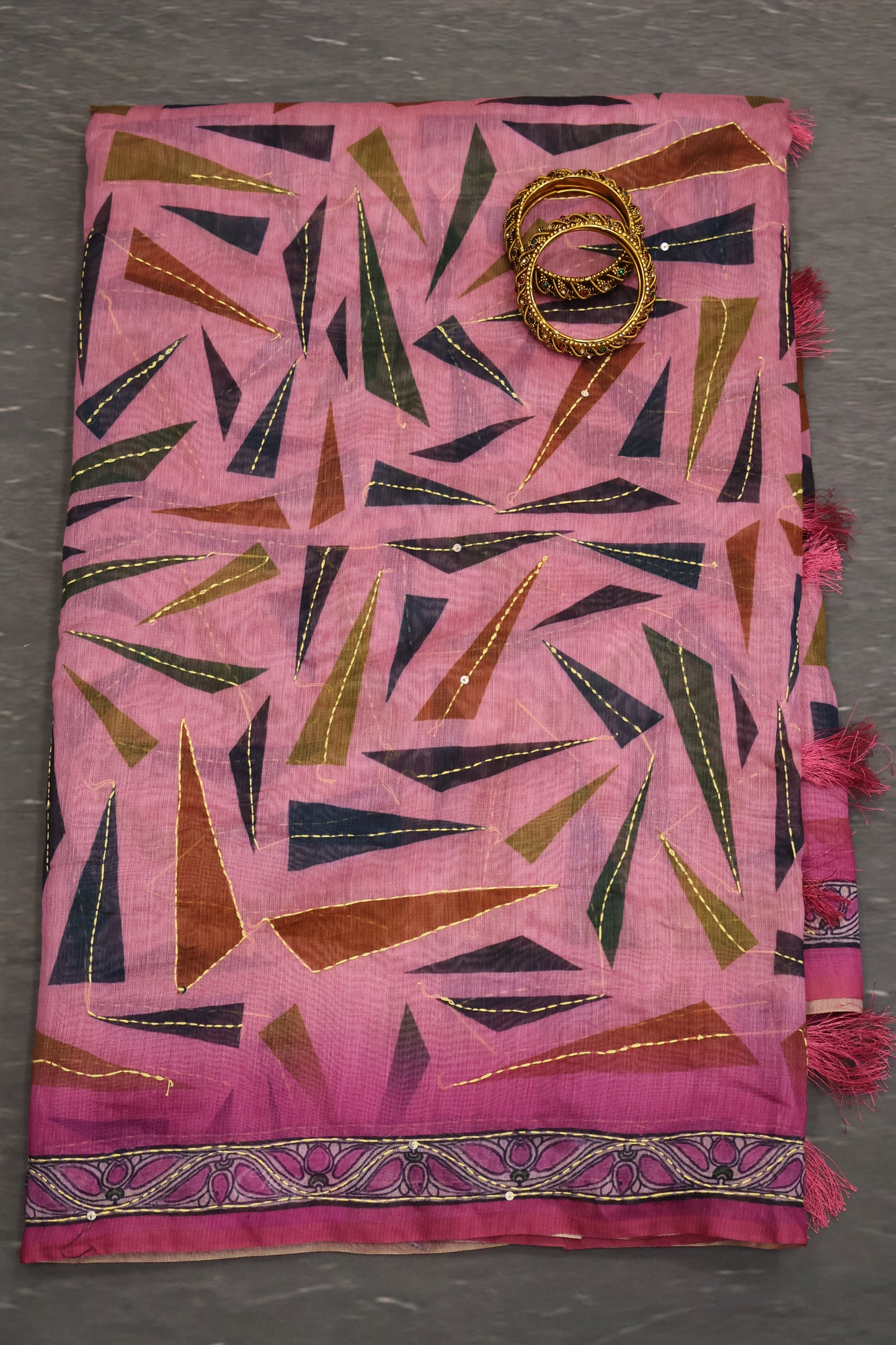 Semi Chanderi Saree- Pale Orange Geometric Border