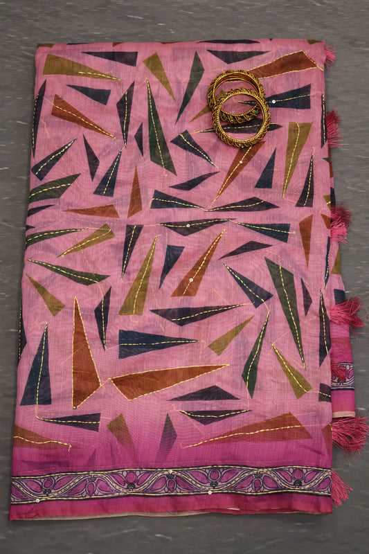 Semi Chanderi Saree- Pale Orange Geometric Border