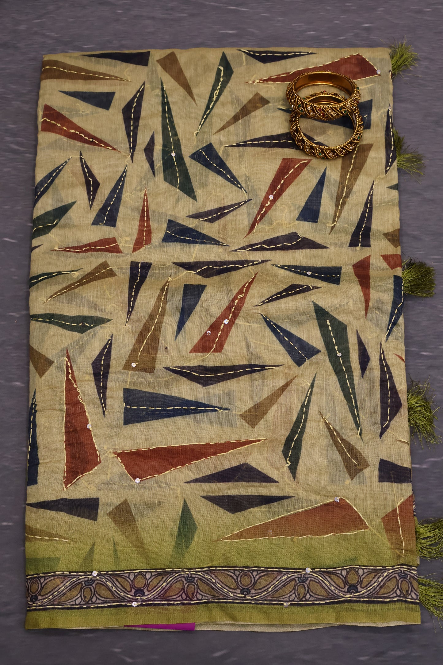 Semi Chanderi Saree-Lime Green Geometric Border