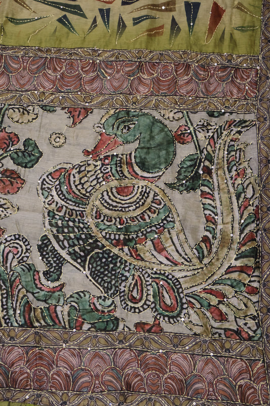 Semi Chanderi Saree-Lime Green Geometric Border