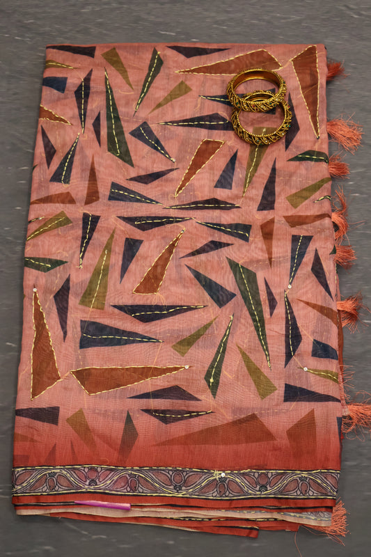 Semi Chanderi Saree-Pink Geometric Border