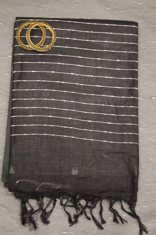 Linen Saree -Round Butta-Bottle Green