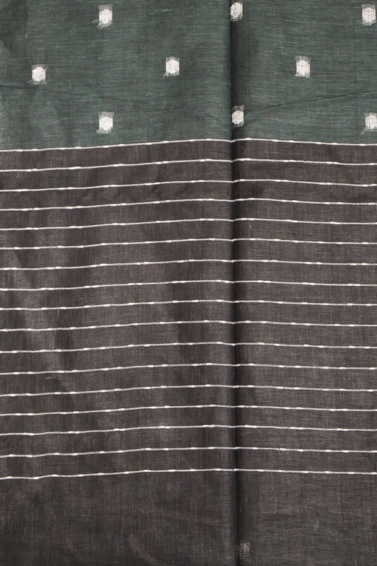 Linen Saree -Round Butta-Bottle Green