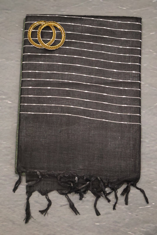 Linen Saree -Round Butta-Army Green