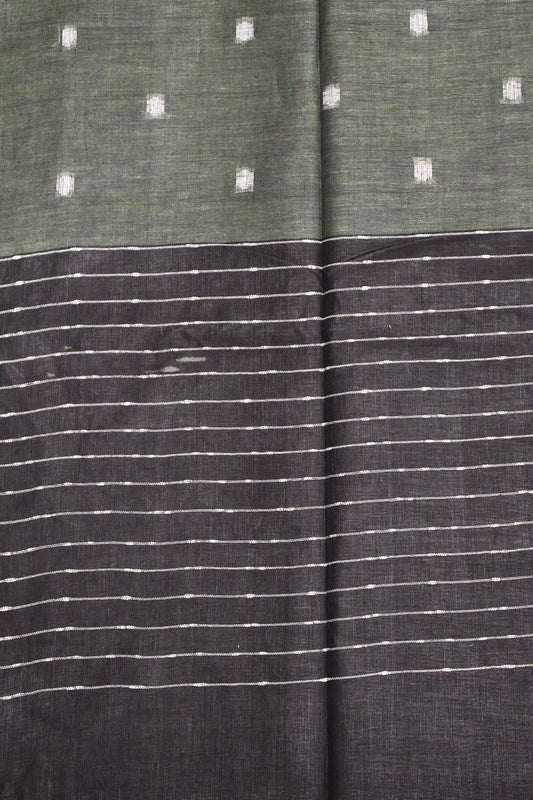 Linen Saree -Round Butta-Army Green