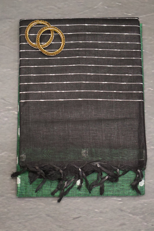 Linen Saree -Round Butta- Dark Green
