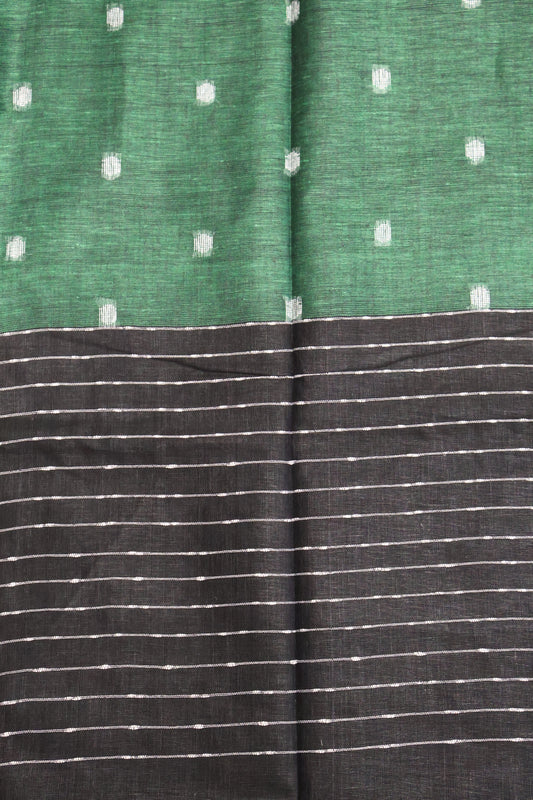 Linen Saree -Round Butta- Dark Green