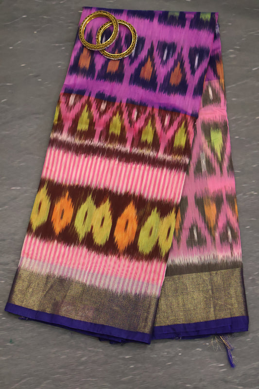 Pochampally Silk Cotton-Lavender Pink Ikkat Pattern