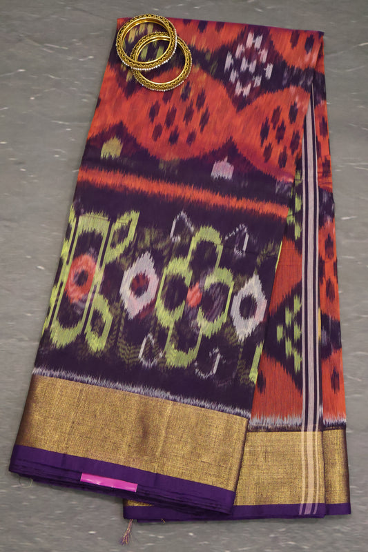 Pochampally Silk Cotton-Purple ikkat Pattern