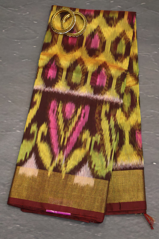 Pochampally Silk Cotton- Maroon ikkat Pattern