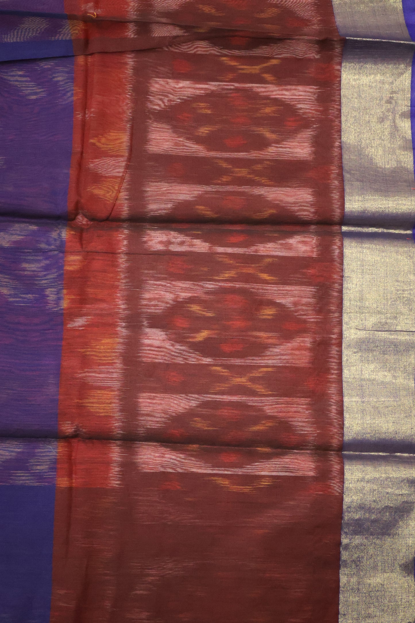Pochampally Silk Cotton- Brown-Blue ikkat Pattern
