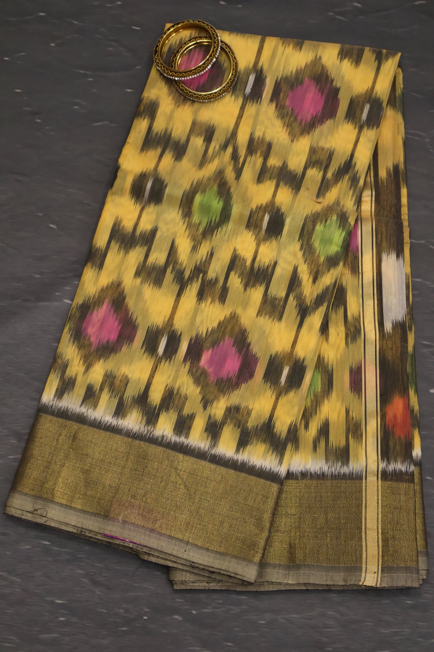 Pochampally Silk Cotton- Mango-Grey ikkat Pattern