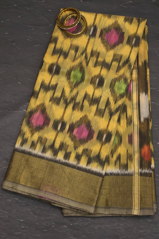Pochampally Silk Cotton- Mango-Grey ikkat Pattern