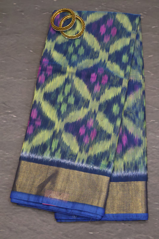 Pochampally Silk Cotton- Peacock Blue ikkat Pattern