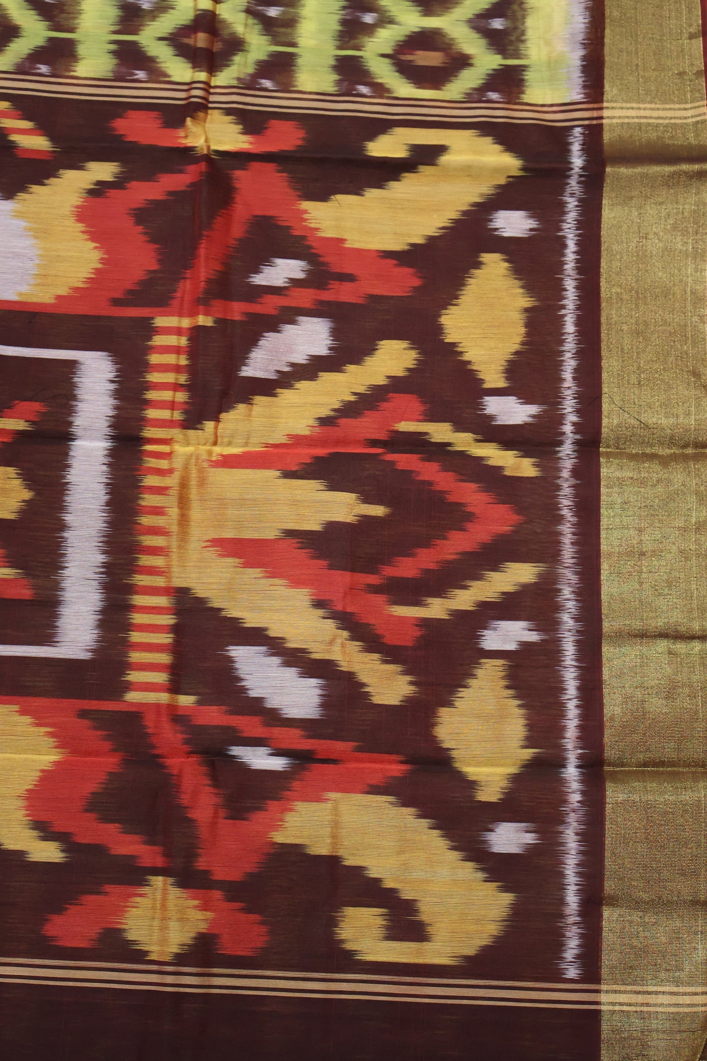 Pochampally Silk Cotton- Maroon Yellow ikkat Pattern