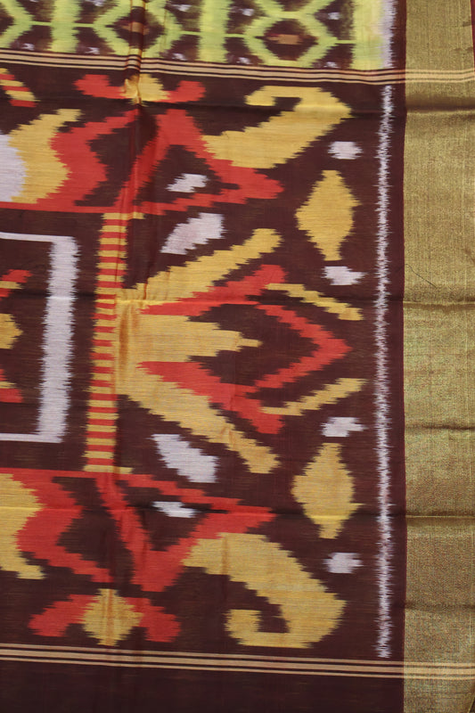 Pochampally Silk Cotton- Maroon Yellow ikkat Pattern