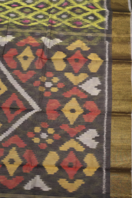 Pochampally Silk Cotton- Light Yellow ikkat Pattern