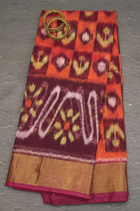 Pochampally Silk Cotton- Wine ikkat Pattern