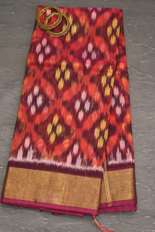 Pochampally Silk Cotton-Wine-Red ikkat Pattern