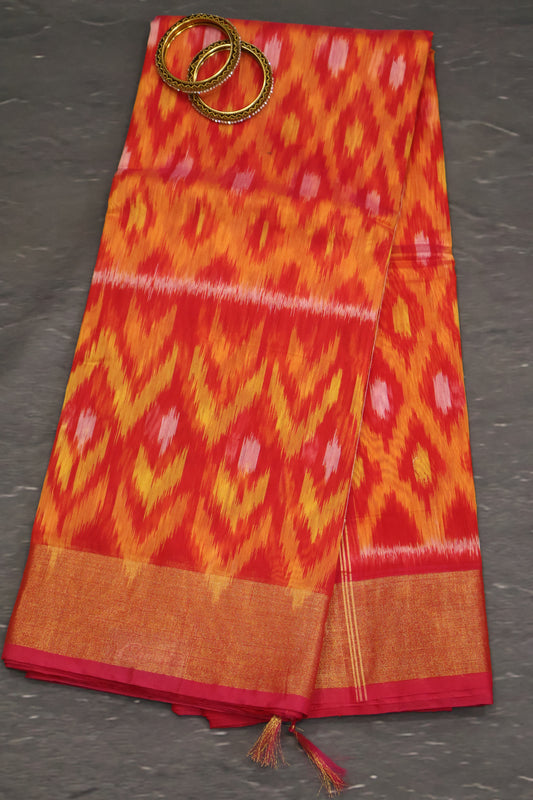Pochampally Silk Cotton-Peachich Pink ikkat Pattern