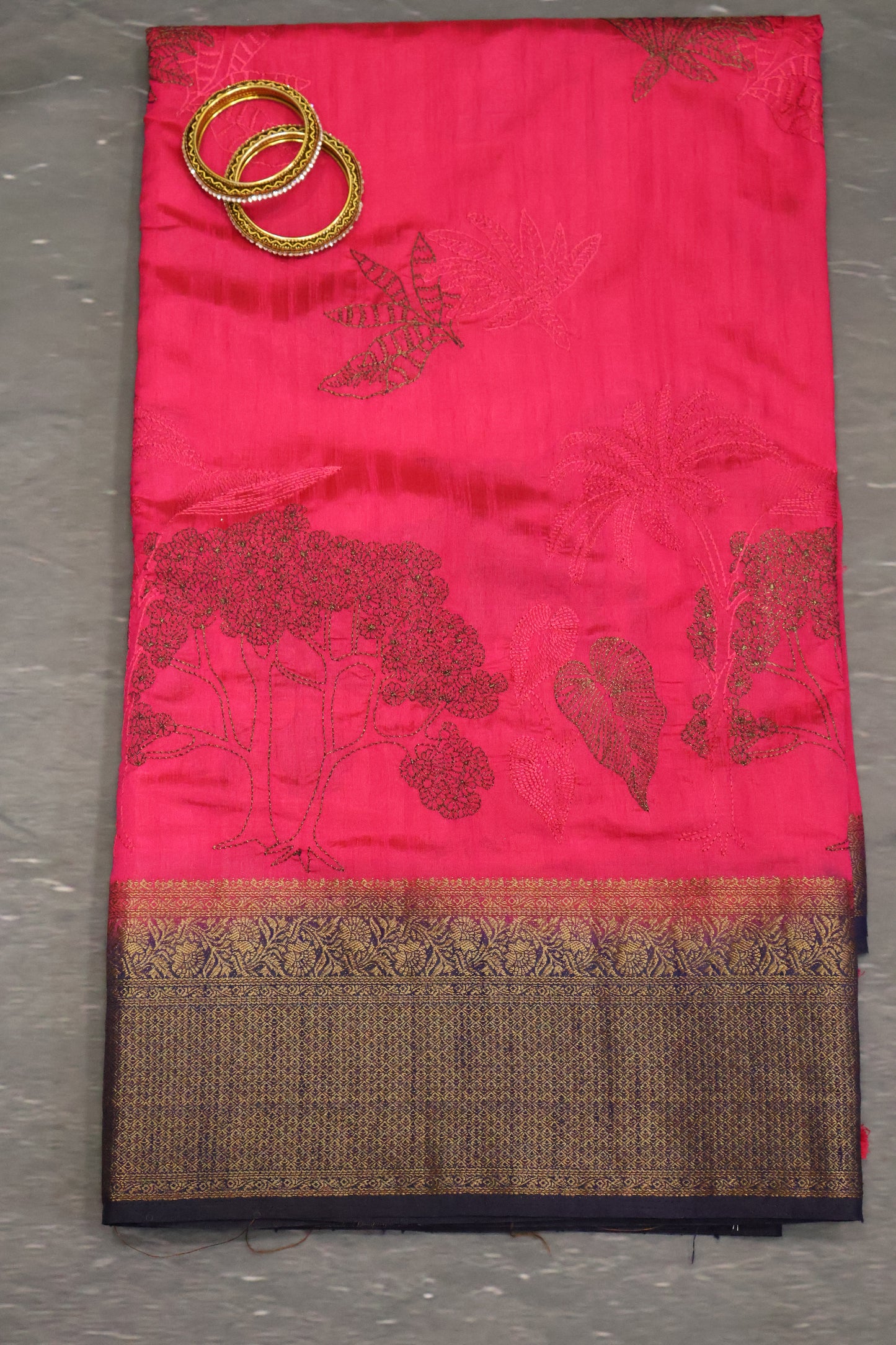 Bamboo Silk Saree-Zari Embroidery-Rani Pink